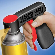 The trigger-activated spray paint gun features an ergonomically designed gun handle.