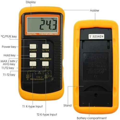 Digital thermometer - EINNENFFER - Type K - 2 channels - Range -50 to 1300 C - 5-digit LCD display 2
