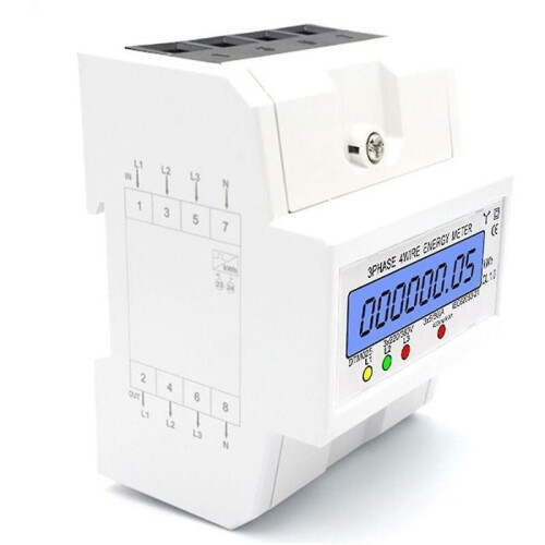 Three-phase, 4-wire energy meter, 3x220/380V, 5-80A, DIN rail, backlit LCD display