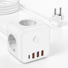 7-in-1 wandstekkerdoos - HAUTSTORE - 3 stopcontacten - 4 USB-poorten - 4000W 16A - Inclusief schakelaar