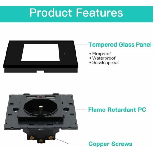 Wall socket with 2 USB ports - ZVD - Black - Rectangular - Flush mount - Double socket - 250V x 16A - 5V x 2.1A 1