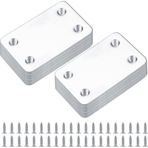 20 Perforated assembly plates, flat connectors, angle bracket fixings, 38x60mm, silver colour.