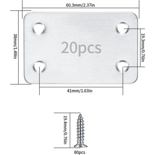20 Perforated assembly plates, flat connectors, angle bracket fixings, 38x60mm, silver colour. 1
