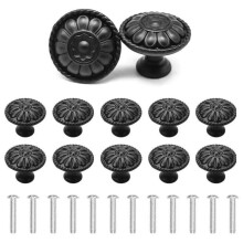 Meubelknoppen - LARGEIGHT - Pak van 12 - Zwart - Bloemenpatroon - 30 mm