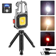 Lampada da lavoro multifunzione portachiavi con torcia a LED COB ricaricabile, 7 modalità, impermeabile, magnetica e con treppiede