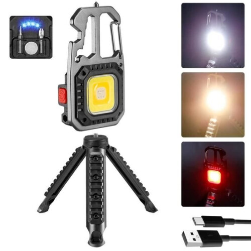 Work Light, Multifunctional Keychain Rechargeable COB LED Flashlight 7 Modes Waterproof Magnetic with Tripod