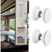 Set van 2 magnetische deursluitingen voor campers, inclusief 3M-plakband en schroeven, en een bevestigingsbeugel voor caravandeuren.