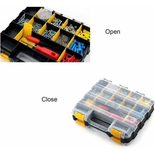 Double-sided tool storage box with removable plastic divider, ideal for screws, nuts, and small tools. 2