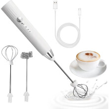 Witte, oplaadbare elektrische melkschuimer met USB-aansluiting, mini-garde van roestvrij staal voor lattes en cappuccino's, romig