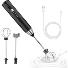 Electric Milk Frother, USB Rechargeable Milk Frother and Mini Electric Whisk, Stainless Steel Mixer, Black