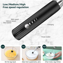 Montalatte elettrico, montalatte ricaricabile tramite USB e mini frusta elettrica, mixer in acciaio inossidabile, nero