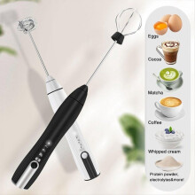 Rechargeable Handheld Milk Frother with 3 Speeds, Powerful Beverage Mixer with 2 Coffee Heads, Black Foam Machine