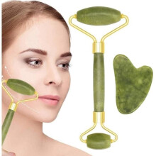 2-delige Jade Roller Massagesets Jade Roller en Gua Sha Jade Roller Gezichtsmassage Natuurlijke Jade Gezichtsroller [u10368]