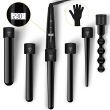 6-in-1 Hair Curler with LCD Screen, 100-230C Ceramic Curling Iron with Glove and Clips