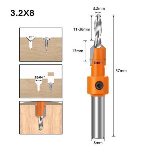 5pcs 8mm shank - 8mm shank countersunk drill bit, 1 piece 2