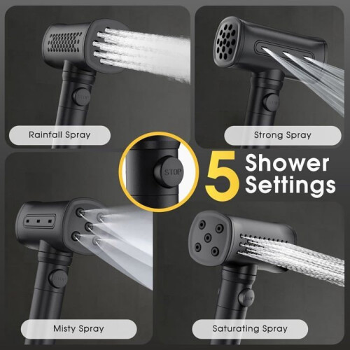 Handheld shower head, eco-friendly, hammer shape, 4 functions, with filter, rustproof ABS, water shut-off, rotary switch (black) 1