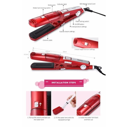 Hair straightener with steam function, adjustable temperature setting, quick-curling iron, professional styling tool, ceramic plates 2