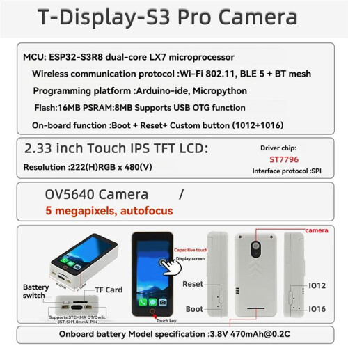 5MP OV5640 Camera T-Display-S3-Pro ESP32-S3 Touch Display 2.33inch LCD Development Board I2C Sensor Module WiFi C 1