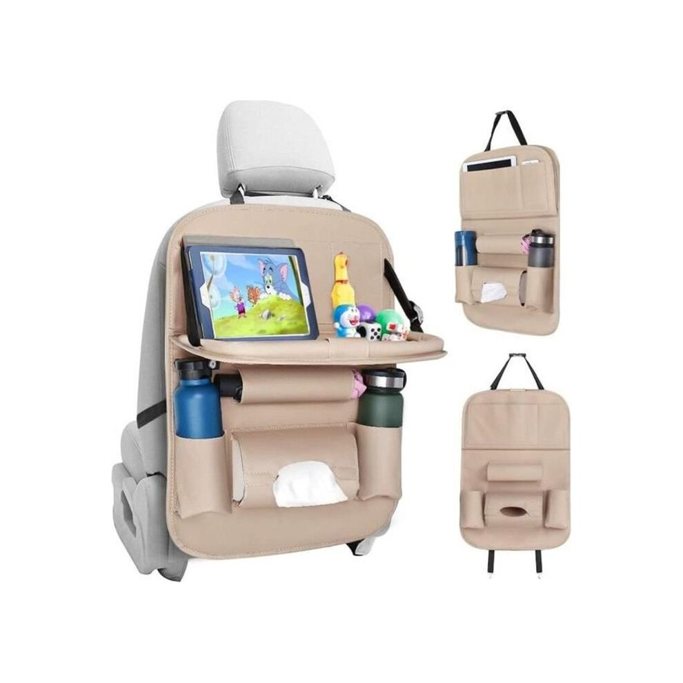 Car Organizer - Leather Kick Mats - Backseat Protector - Foldable Shelf - Waterproof - Beige 9102920058961