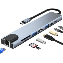 USB-C Hub, 8-in-1 USB-C Adapter with HDMI 4K/30Hz, 100W PD, USB-C 2.0 Port, USB 3.0+2.0 Port, SD/TF/SD Card Reader, Gray