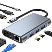USB-C-keskitin, 8-in-1 USB-C-sovitin, jossa HDMI*2, VGA, USB 3.0*1, USB 2.0*2, PD100W, Ethernet RJ45100M, SD/TF-kortinlukija, harmaa