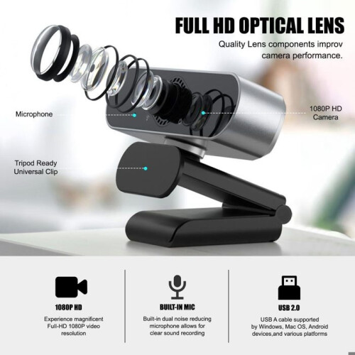 PC-webcam met microfoon, Full HD 1080p, 360 draaibaar, USB plug-and-play, voor desktop, Mac en Linux 2