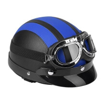 Casco da moto/scooter aperto in pelle con visiera UV e occhiali, stile retrò vintage, 54-60 cm - Blu
