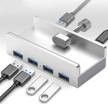 USB 3.0 Hub, 4-Port USB Multiport 5Gbps Aluminum Alloy Adapter, 1.2M Long Cable, Clip Hub for Monitors/Tablets
