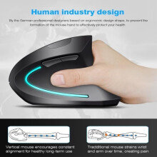 Mouse ottico verticale cablato, design ergonomico, 6 pulsanti, previene la sindrome del mouse e l'epicondilite; nero