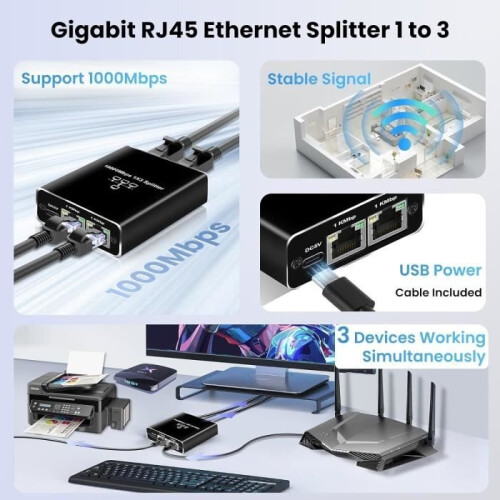 RJ45 Ethernet Splitter - 3-Port LAN Switch - 1000 Mbps - Computers, Routers, Set-Top Boxes, Televisions 1