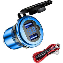 QC30 Waterproof Car/Motorcycle USB Charger, 12/24V, Dual USB Charging Plug, Aluminum Alloy, Blue