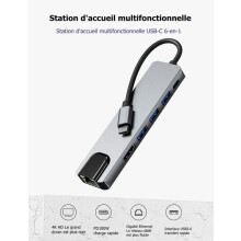 USB-C Hub, 6-in-1 USB-C Hub with Ethernet, USB-C Multiport Adapter with 4K HDMI, Ethernet Input, 2 USB Ports, USB-C Charging