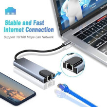 USB-C-hub, 6-in-1 USB-C-hub met Ethernet, USB-C-multiportadapter met 4K HDMI, Ethernet-ingang, 2 USB-poorten, USB-C-opladen