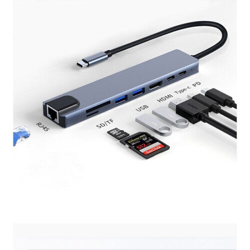 Προσαρμογέας Hub INF Type-C με 8 θύρες, γκρι 2
