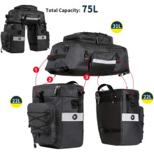 70L Bicycle Pannier Bag, Rear Rack Bag with Three Compartments, Nylon Cycling Bag with Assembly and Waterproof Cover