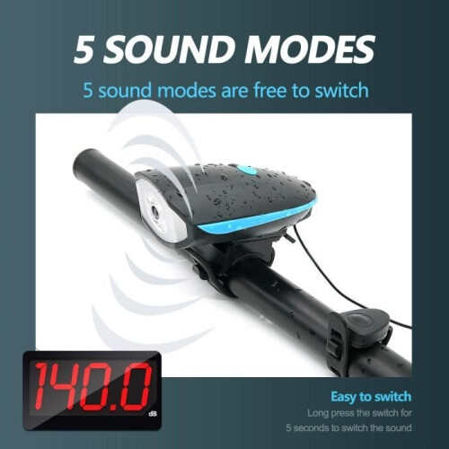 USB Charging Bicycle Headlight - Black - For Visibility - IP44 Waterproof - 120dB Horn 2