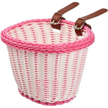 Children's Bicycle Basket - Hand-Knitted - Rattan Effect - Pink - For Children's Bicycles - Adjustable Straps
