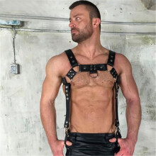 Men's PU Leather Harness Suspenders, Metal Rivets, O-rings, Chest, Shoulders - Black
