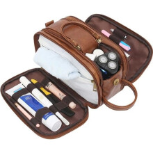 Beauty case da uomo - Marrone - Grande capacità - Impermeabile - PU - 26,5 x 15 x 16 cm