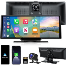 Kabelloses Autoradio mit Apple CarPlay, Android Auto, Dashcam (Frontkamera 2K, Rückkamera 1080p), tragbarem 10,26-Zoll-Touchscreen
