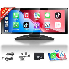 10,26" kannettava autoradio, jossa langaton CarPlay/Android Auto, AirPlay, Bluetooth, kaksoisnäyttö, kojelautakamera ja 64 Gt:n muistikortti