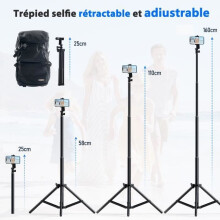 Treppiede per smartphone JEEMAK per fotocamere portatili, asta per selfie in alluminio da 25-160 cm con telecomando Bluetooth.