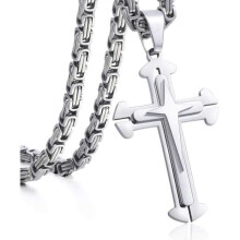 Cross pendant necklace for men and boys, stainless steel, gold and silver chain, 22, 24, 26, 28, 30 inches (15")