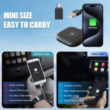 Draadloze CarPlay-adapter voor iPhone zet bedraad CarPlay om in draadloos CarPlay met een 5 GHz Plug & Play Wi-Fi-dongle.