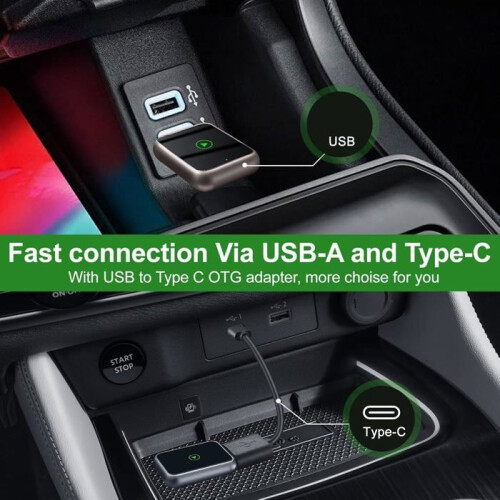 Langaton CarPlay- ja Android Auto -sovitin, 2-in-1 langaton CarPlay-sovitin USB C/A:lla, Plug and Play, Tukee