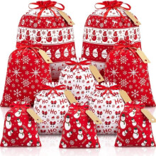 Set of 10 Christmas gift bags with drawstrings and tags, red and white, large, medium and small sizes