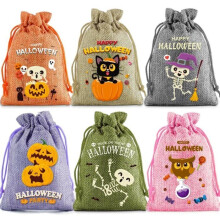 Set of 24 Halloween burlap gift bags with drawstring – "Trick or Treat" candy bags with various designs