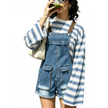 (S, Blue) Women Denim Short Overalls Adjustable Strap Sleeveless Wide Leg Jumpsuit