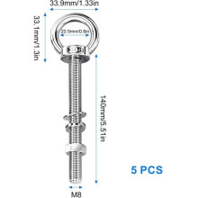 5 Pieces Long Eye Bolt M8 140 mm, Stainless Steel Lifting Ring, Removable, with Washers and Hex Nuts, Bolt