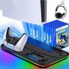 Vertical Stand with Cooling Fan and 3 LED Modes for PS5, Charging Station for 2 Playstation 5 Controllers